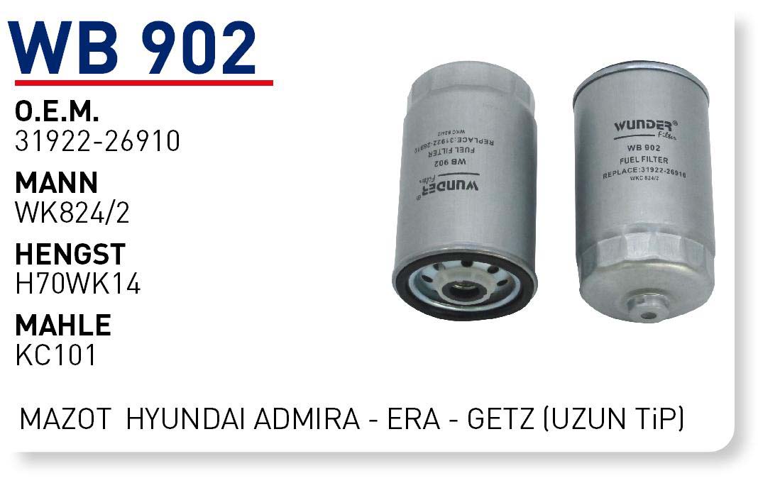 Wunder WB 902 Yakıt Filtresi | Hyundai Getz/Matrix/H-1/Santa FE • Kia Sorento I • 1.5 CRDi / 2.5 CRDi